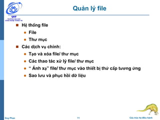 11 Cấu trúc hệ điều hànhDuy Phan
Quản lý file
 Hệ thống file
 File
 Thư mục
 Các dịch vụ chính:
 Tạo và xóa file/ thư mục
 Các thao tác xử lý file/ thư mục
 “ Ánh xạ” file/ thư mục vào thiết bị thứ cấp tương ứng
 Sao lưu và phục hồi dữ liệu
 