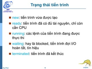 10 01/2015Duy Phan
Trạng thái tiến trình
 new: tiến trình vừa được tạo
 ready: tiến trình đã có đủ tài nguyên, chỉ còn
cần CPU
 running: các lệnh của tiến trình đang được
thực thi
 waiting: hay là blocked, tiến trình đợi I/O
hoàn tất, tín hiệu
 terminated: tiến trình đã kết thúc
 