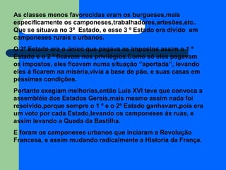 As classes menos favorecidas eram os burgueses,mais especificamente os camponeses,trabalhadores,artesões,etc.. Que se situava no 3º  Estado, e esse 3 º Estado era divido  em camponeses rurais e urbanos. O 3º Estado era o único que pagava os impostos assim o 1 º Estado e o 2 º ficavam nos privilégios.Como só eles pagavam os impostos, eles ficavam numa situação ‘’apertada’’, levando eles á ficarem na miséria,vivia a base de pão, e suas casas em péssimas condições. Portanto exegiam melhorias,então Luís XVI teve que convoca a assembléia dos Estados Gerais,mais mesmo assim nada foi resolvido,porque sempre o 1 º e o 2º Estado ganhavam,pois era um voto por cada Estado,levando os camponeses ás ruas, e assim levando a Queda da Bastilha. E foram os camponeses urbanos que inciaram a Revolução Francesa, e assim mudando radicalmente a Historia da França. 