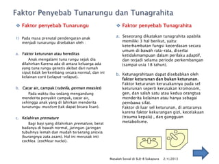  Faktor penyebab Tunarungu
1) Pada masa prenatal pendengaran anak
menjadi tunarungu disebakan oleh :
a. Faktor keturunan atau hereditas
Anak mengalami tuna rungu sejak dia
dilahirkan Karena ada di antara keluarga ada
yang tuna rungu genetis akibat dari rumah
siput tidak berkembang secara normal, dan ini
kelainan corti (selaput-selaput).
b. Cacar air, campak (rubella, german measles)

Pada waktu ibu sedang mengandung
menderita penyakit campak, cacar air,
sehingga anak yang di lahirkan menderita
tunarungu mustism (tak dapat bicara lisan).
c. Kelahiran premature
Bagi bayi yang dilahirkan premature, berat
badanya di bawah normal, jaringan-jaringan
tubuhnya lemah dan mudah terserang anoxia
(kurangnya zata asam). Hal ini merusak inti
cochlea (cochlear nuclei).

 Faktor penyebab Tunagrahita
a. Seseorang dikatakan tunagrahita apabila

memiliki 3 hal berikut, yaitu:
keterhambatan fungsi kecerdasan secara
umum di bawah rata-rata, disertai
ketidakmampuan dalam perilaku adaptif,
dan terjadi selama periode perkembangan
(sampai usia 18 tahun).

b. Ketunagrahitaan dapat disebabkan oleh
faktor keturunan dan bukan keturunan.
Faktor keturunan kerusakannya pada sel
keturunan seperti kerusakan kromosom,
gen, dan salah satu atau kedua orangtua
menderita kelainan atau hanya sebagai
pembawa sifat.
Faktor di luar sel keturunan, di antaranya
karena faktor kekurangan gizi, kecelakaan
(trauma kepala) , dan gangguan
metabolisme.

Masalah Sosial di SLB-B Sukapura

2/4/2013

 