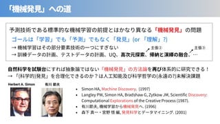 (or ?)
UQ ⾒
( ) ⾒ ( ?)
有川 節夫
Herbert A. Simon
Simon HA, Machine Discovery. ( )
Langley PW, Simon HA, Bradshaw G, Zytkow JM, Scienti c Discovery:
Computational Explorations of the Creative Process ( ).
, . (1996)
, . (2001)
 