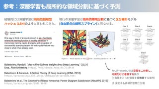 (LSH)
Balestriero, Randall. "Max-Aﬃne Splines Insights Into Deep Learning." (2021)
Diss., Rice University. https://hdl.handle.net/1911/110439
Balestriero & Baraniuk. A Spline Theory of Deep Learning (ICML 2018)
https://proceedings.mlr.press/v80/balestriero18b.html
Balestriero et al., The Geometry of Deep Networks: Power Diagram Subdivision (NeurIPS 2019)
https://arxiv.org/abs/1905.08443
.
( )
ReLU = max(x, )
(= )
cf.
 