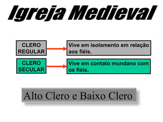 CLERO
REGULAR
Vive em isolamento em relação
aos fiéis.
CLERO
SECULAR
Vive em contato mundano com
os fiéis.
Alto Clero e Baixo Clero
 