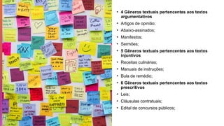 • 4 Gêneros textuais pertencentes aos textos
argumentativos
• Artigos de opinião;
• Abaixo-assinados;
• Manifestos;
• Sermões;
• 5 Gêneros textuais pertencentes aos textos
injuntivos
• Receitas culinárias;
• Manuais de instruções;
• Bula de remédio;
• 6 Gêneros textuais pertencentes aos textos
prescritivos
• Leis;
• Cláusulas contratuais;
• Edital de concursos públicos;
 