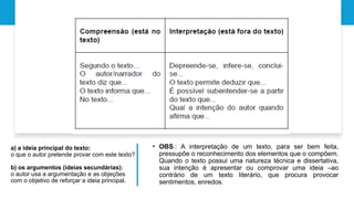 a) a ideia principal do texto:
o que o autor pretende provar com este texto?
b) os argumentos (ideias secundárias):
o autor usa a argumentação e as objeções
com o objetivo de reforçar a ideia principal.
• OBS.: A interpretação de um texto, para ser bem feita,
pressupõe o reconhecimento dos elementos que o compõem.
Quando o texto possui uma natureza técnica e dissertativa,
sua intenção é apresentar ou comprovar uma ideia –ao
contrário de um texto literário, que procura provocar
sentimentos, enredos.
 