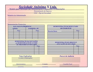 Sociedade Anônima X Ltda.
Modelo para Publicação das Demonstrações Financeiras e Evidenciações
Denominação da Empresa
CGC - Tipo de Sociedade
Relatório da Administração
Demonstrações Financeiras
BALANÇO PATRIMONIAL
ATIVO PASSIVO e PL
Data Data
DEMONSTRAÇÃO DO RESULTADO
DO EXERCÍCIO
DataReceita Bruta
DEMONSTRAÇÃO DAS MUTAÇÕES
ou DEMONSTRAÇÃO DE LUCROS
OU PREJUÍZOS ACUMULADOS
Data
DEMONSTRAÇÃO DE ORIGENS E
APLICAÇÕES DE RECURSOS
Data
Notas Explicativas
(e outras evidenciações)
Parecer da Auditoria
Administradores
(assinatura)
Contador
(assinatura)
Conselho Fiscal
 