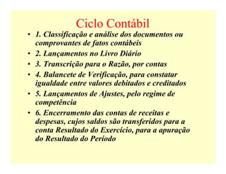 Ciclo Contábil
• 1. Classificação e análise dos documentos ou
comprovantes de fatos contábeis
• 2. Lançamentos no Livro Diário
• 3. Transcrição para o Razão, por contas
• 4. Balancete de Verificação, para constatar
igualdade entre valores debitados e creditados
• 5. Lançamentos de Ajustes, pelo regime de
competência
• 6. Encerramento das contas de receitas e
despesas, cujos saldos são transferidos para a
conta Resultado do Exercício, para a apuração
do Resultado do Período
 