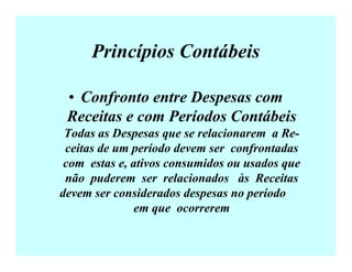 Princípios Contábeis
• Confronto entre Despesas com
Receitas e com Períodos Contábeis
Todas as Despesas que se relacionarem a Re-
ceitas de um período devem ser confrontadas
com estas e, ativos consumidos ou usados que
não puderem ser relacionados às Receitas
devem ser considerados despesas no período
em que ocorrerem
 