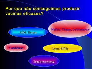 Por que não conseguimos produzirPor que não conseguimos produzir
vacinas eficazes?vacinas eficazes?
AIDS, HerpesAIDS, Herpes
Lepra, SífilisLepra, SífilisCandidíaseCandidíase
Malária, Chagas, LeishmanioseMalária, Chagas, Leishmaniose
EsquistossomoseEsquistossomose
 