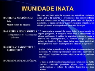 IMUNIDADE INATAIMUNIDADE INATA
BARREIRA ANATÔMICAS
Pele
Membranas da mucosa
BARREIRAS FISIOLÓGICAS
Temperatura / pH / Mediadores
químicos.
BARREIRAS FAGOCÍTICA /
ENDOCÍTICA
BARREIRAS INFLAMATÓRIAS
Barreira mecânica retarda a entrada de micróbios. Ambiente
ácido (pH 3-5) retarda o crescimento dos micróbiosFlora
normal compete com os micróbios pelos sítios de ligação e
nutrientes. O muco aprisiona os microrganismo estranhos. Os
cílios expelem os microrganismos para fora do corpo.
A temperatura normal do corpo inibe o crescimento de
alguns patógenos. A resposta febril inibe o crescimento de
alguns patógenos. A acidez do conteúdo estomacal mata a
maioria dos microrganismos. A lisozima rompe a parede
celular da bactéria. O interferon induz um estado anti-viral.
O complemento lisa os microrganismos e facilita a fagocitose.
Várias células internalizam e degradam as macromoléculas
estranhas. As células especializadas (monócitos, neutrófilos e
macrófagos) fagocitam, matam e digerem os microrganismos
inteiros.
O dano e a infecção tissulares induzem vazamento de fluido
vascular contendo proteínas séricas com atividade
antibacteriana e influxo de células fagocítica na área
afetada.
 
