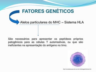 FATORES GENÉTICOS
Alelos particulares do MHC – Sistema HLA
São necessários para apresentar os peptídeos próprios
patogênicos para as células T autorreativas, ou que são
ineficientes na apresentação do antígeno no timo.
http://mundoeducacao.bol.uol.com.br/biologia/linfocitos.htm
 