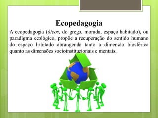 Ecopedagogia
A ecopedagogia (óicos, do grego, morada, espaço habitado), ou
paradigma ecológico, propõe a recuperação do sentido humano
do espaço habitado abrangendo tanto a dimensão biosférica
quanto as dimensões socioinstitucionais e mentais.
 