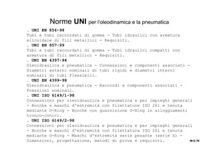 . UNI EN 856-98
Tubi e tubi raccordati di gomma - Tubi idraulici con armatura
elicoidale di fili metallici - Requisiti.
. UNI EN 857-99
Tubi e tubi raccordati di gomma - Tubi idraulici compatti con
armatura di fili metallici - Requisiti.
. UNI EN 4397-94
Oleoidraulica e pneumatica - Connessioni e componenti associati -
Diametri esterni nominali di tubi rigidi e diametri interni
nominali di tubi flessibili.
. UNI EN 4399-98
Oleoidraulica e pneumatica - Raccordi e componenti associati -
Pressioni nominali.
. UNI ISO 6149/1-98
Connessioni per oleoidraulica e pneumatica e per impieghi generali
- Bocche e maschi d'estremità con filettature ISO 261 e tenuta
mediante O-Ring - Bocche con guarnizione O-Ring in alloggiamenti
tronco-conici.
. UNI ISO 6149/2-98
Connessioni per oleoidraulica e pneumatica e per impieghi generali
- Bocche e maschi d'estremità con filettatura ISO 261 e tenuta
mediante O-Ring - Maschi d'estremità serie pesante (serie S) -
Dimensioni, progettazione, metodi di prova e requisiti. IN O.79IN O.79IN O.79IN O.79
Norme UNI per l’oleodinamica e la pneumatica
 
