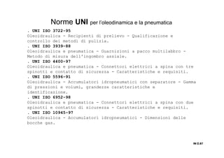 . UNI ISO 3722-95
Oleoidraulica - Recipienti di prelievo - Qualificazione e
controllo dei metodi di pulizia.
. UNI ISO 3939-88
Oleoidraulica e pneumatica - Guarnizioni a pacco multilabbro -
Metodo di misura dell'ingombro assiale.
. UNI ISO 4400-97
Oleoidraulica e pneumatica - Connettori elettrici a spina con tre
spinotti e contatto di sicurezza - Caratteristiche e requisiti.
. UNI ISO 5596-91
Oleoidraulica - Accumulatori idropneumatici con separatore - Gamma
di pressioni e volumi, grandezze caratteristiche e
identificazione.
. UNI ISO 6952-98
Oleoidraulica e pneumatica - Connettori elettrici a spina con due
spinotti e contatto di sicurezza - Caratteristiche e requisiti.
. UNI ISO 10945-97
Oleoidraulica - Accumulatori idropneumatici - Dimensioni delle
bocche gas.
IN O.87IN O.87IN O.87IN O.87
Norme UNI per l’oleodinamica e la pneumatica
 