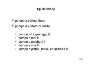 # pompe a portata fissa
# pompe a portata variabile
IN O.2IN O.2IN O.2IN O.2
• pompe ad ingranaggi #
• pompe a lobi #
• pompe a palette # #
• pompe a vite #
• pompe a pistoni radiali ed assiali # #
Tipi di pompe
 