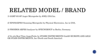 1) JAMP-9510F Auger Microprobe by JOEL USA Inc.
2) XPS/HAXPES Scanning Microprobe by Physical Electronics, Inc in USA.
3) PHOIBOS ARPES Analyzer by SPECSGROUP in Berlin, Germany.
4) In situ Real Time AugerProbe by STAIBS INSTRUMENTS GmbH (EUROPE AND ASIA)
OR STAIB INSTRUMENTS, Inc (North and South America).
 