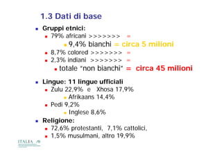 1.3 Dati di base
   Gruppi etnici:
      79% africani >>>>>>> =
                 9,4%
                  9 4% bianchi = circa 5 milioni
        8,7% colored >>>>>>> =
        2,3%
         2 3% indiani >>>>>>> =
            totale “non bianchi” = circa 45 milioni
   Lingue: 11 lingue ufficiali
      Zulu 22,9% e     Xhosa 17,9%
             Afrikaans 14,4%
                        14 4%
      Pedi 9,2%

             Inglese 8,6%

   Religione:
      72,6% protestanti, 7,1% cattolici,

      1,5% musulmani, altro 19,9%
 