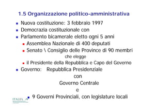 1.5 Organizzazione politico-amministrativa
   Nuova costituzione: 3 febbraio 1997
   Democrazia costituzionale con
   Parlamento bicamerale eletto ogni 5 anni
      Assemblea Nazionale di 400 deputati

      Senato  Consiglio delle Province di 90 membri

                         che elegge
                          h l
       il Presidente della Repubblica e Capo del Governo
   G
    Governo: R     bbli P id
             Repubblica Presidenzialei l
                          con
                   Governo Centrale
                           e
        9 Governi Provinciali, con legislature locali
 
