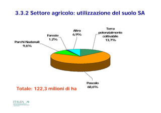3.3.2 Settore agricolo: utilizzazione del suolo SA

                                                Terra
                             Altro
                                           potenzialm ente
                   Foreste   6,9%
                                             coltivabile
                    1.2%                       13,7%
Parchi Nazionali
     9,6%




                                     Pascolo
                                     P    l
                                     68,6%
 Totale: 122,3 milioni di ha
 