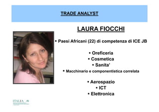 TRADE ANALYST


          LAURA FIOCCHI
 Paesi Africani (22) di competenza di ICE JB
                 ( )        p

                 Oreficeria
                 Cosmetica
                   Sanita’
    Macchinario e componentistica correlata

                 Aerospazio
                     ICT
                 Elettronica
 