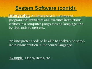 Application Software:Word Processors:Word processing is a tool that helps user in creating, editing, and printing documents. Word processors will normally have the following capabilities built into them: Spell checking Standard layouts for normal documents Have some characters appear in bold print, italics, or underlined Center lines, make text line up on the left side of the paper, or the right side of the paper Save the document so it can be used again print the document. Examples: WordPerfect and Microsoft Word