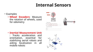 Internal Sensors
• Examples
• Wheel Encoders: Measure
the rotation of wheels, used
for odometry
• Inertial Measurement Unit
: Tracks acceleration and
orientation, essential for
stabilizing aerial robots and
aiding localization in all
mobile robots
 