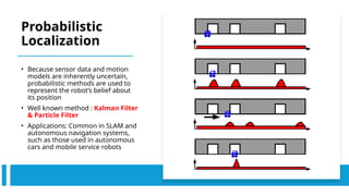 Probabilistic
Localization
• Because sensor data and motion
models are inherently uncertain,
probabilistic methods are used to
represent the robot’s belief about
its position
• Well known method : Kalman Filter
& Particle Filter
• Applications: Common in SLAM and
autonomous navigation systems,
such as those used in autonomous
cars and mobile service robots
 