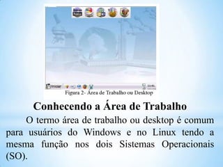 Conhecendo a Área de Trabalho
O termo área de trabalho ou desktop é comum
para usuários do Windows e no Linux tendo a
mesma função nos dois Sistemas Operacionais
(SO).

 