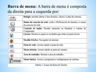 Barra de menu: A barra de menu é composta
da direita para a esquerda por:

 