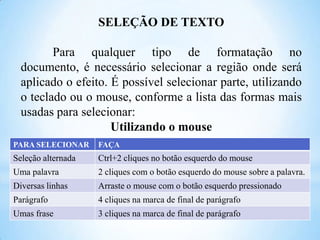 SELEÇÃO DE TEXTO
Para qualquer tipo de formatação no
documento, é necessário selecionar a região onde será
aplicado o efeito. É possível selecionar parte, utilizando
o teclado ou o mouse, conforme a lista das formas mais
usadas para selecionar:
Utilizando o mouse
PARA SELECIONAR

FAÇA

Seleção alternada

Ctrl+2 cliques no botão esquerdo do mouse

Uma palavra

2 cliques com o botão esquerdo do mouse sobre a palavra.

Diversas linhas

Arraste o mouse com o botão esquerdo pressionado

Parágrafo

4 cliques na marca de final de parágrafo

Umas frase

3 cliques na marca de final de parágrafo

 