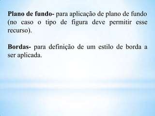 Plano de fundo- para aplicação de plano de fundo
(no caso o tipo de figura deve permitir esse
recurso).
Bordas- para definição de um estilo de borda a
ser aplicada.

 