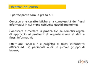 Il partecipante sarà in grado di :
Conoscere le caratteristiche e la complessità dei flussi
informativi in cui viene coinvolto quotidianamente;
Conoscere e mettere in pratica alcune semplici regole
di approccio ai problemi di organizzazione di dati e
flussi informativi;
Effettuare l’analisi e il progetto di flussi informativi
efficaci ad uso personale o di un piccolo gruppo di
lavoro;
Obiettivi del corso
 