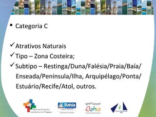  Categoria C 
Atrativos Naturais 
Tipo – Zona Costeira; 
Subtipo – Restinga/Duna/Falésia/Praia/Baía/ 
Enseada/Península/Ilha, Arquipélago/Ponta/ 
Estuário/Recife/Atol, outros. 
