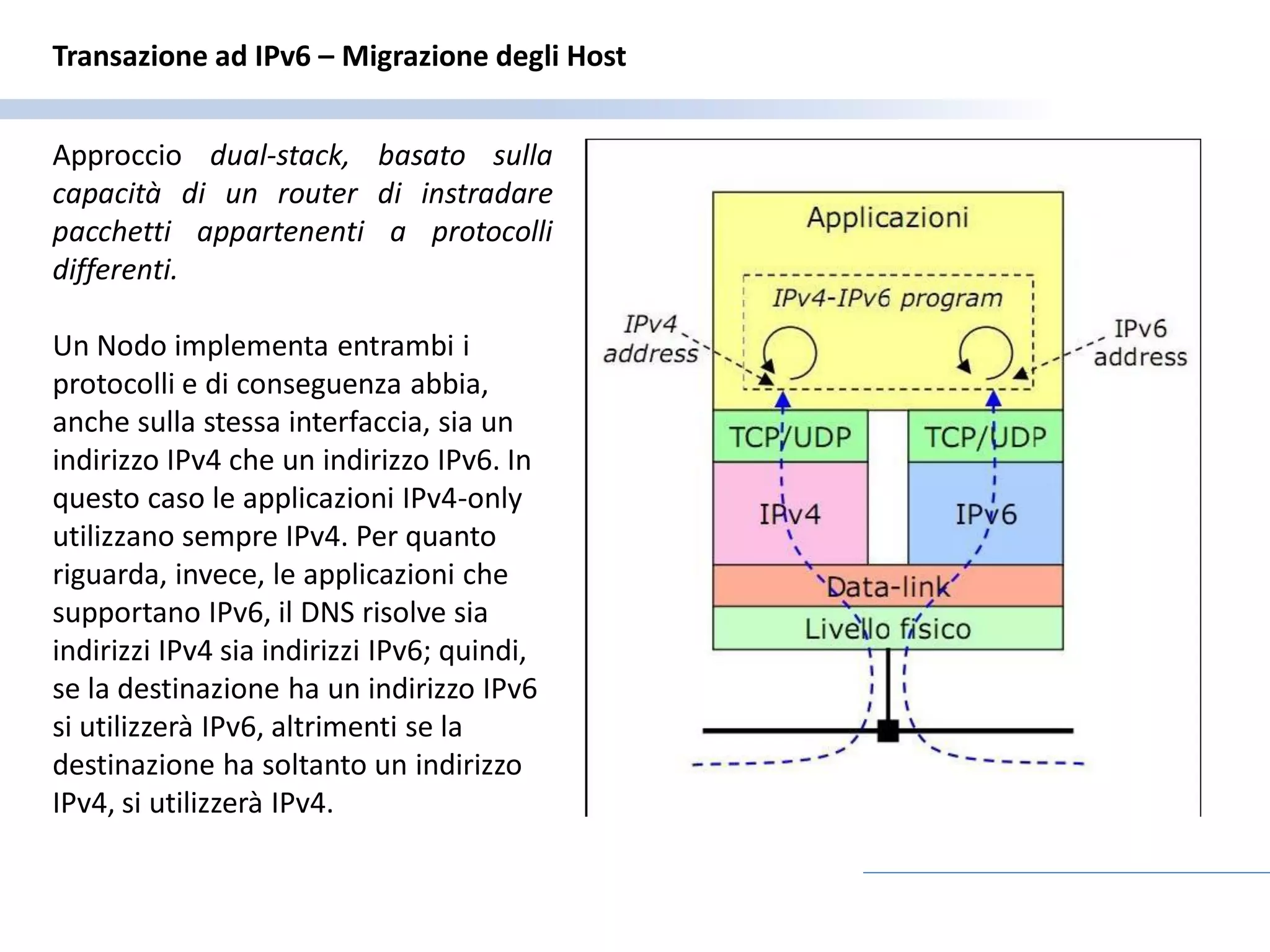 Transazione ad IPv6 – Migrazione degli Host


Approccio dual-stack, basato sulla
capacità di un router di instradare
pacchetti appartenenti a protocolli
differenti.

Un Nodo implementa entrambi i
protocolli e di conseguenza abbia,
anche sulla stessa interfaccia, sia un
indirizzo IPv4 che un indirizzo IPv6. In
questo caso le applicazioni IPv4-only
utilizzano sempre IPv4. Per quanto
riguarda, invece, le applicazioni che
supportano IPv6, il DNS risolve sia
indirizzi IPv4 sia indirizzi IPv6; quindi,
se la destinazione ha un indirizzo IPv6
si utilizzerà IPv6, altrimenti se la
destinazione ha soltanto un indirizzo
IPv4, si utilizzerà IPv4.
 