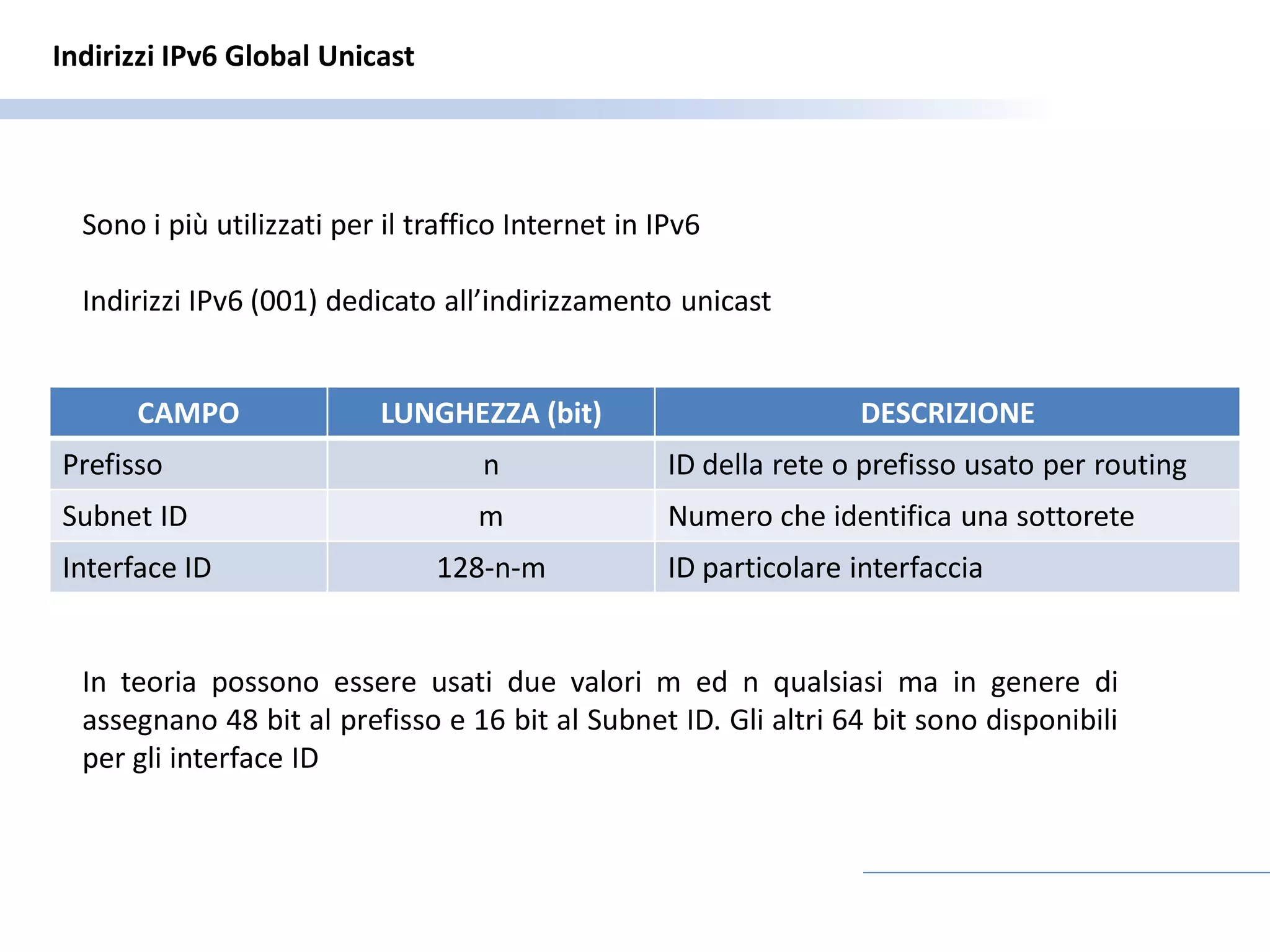 Indirizzi IPv6 Global Unicast




  Sono i più utilizzati per il traffico Internet in IPv6

  Indirizzi IPv6 (001) dedicato all’indirizzamento unicast


      CAMPO                 LUNGHEZZA (bit)                         DESCRIZIONE
Prefisso                             n               ID della rete o prefisso usato per routing
Subnet ID                           m                Numero che identifica una sottorete
Interface ID                    128-n-m              ID particolare interfaccia


  In teoria possono essere usati due valori m ed n qualsiasi ma in genere di
  assegnano 48 bit al prefisso e 16 bit al Subnet ID. Gli altri 64 bit sono disponibili
  per gli interface ID
 