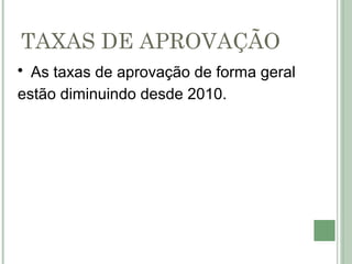 TAXAS DE APROVAÇÃO 
• As taxas de aprovação de forma geral 
estão diminuindo desde 2010. 
 
