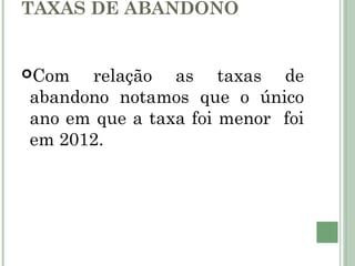 TAXAS DE ABANDONO 
Com relação as taxas de 
abandono notamos que o único 
ano em que a taxa foi menor foi 
em 2012. 
 