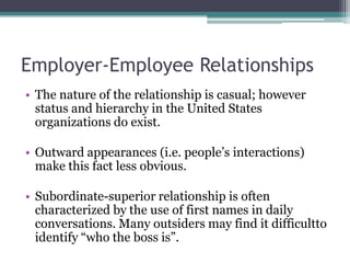 Employer-Employee Relationships
• The nature of the relationship is casual; however
status and hierarchy in the United States
organizations do exist.

• Outward appearances (i.e. people’s interactions)
make this fact less obvious.
• Subordinate-superior relationship is often
characterized by the use of first names in daily
conversations. Many outsiders may find it difficultto
identify “who the boss is”.

 