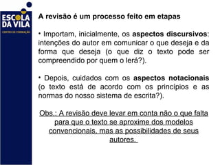 A revisão é um processo feito em etapas Importam, inicialmente, os  aspectos discursivos : intenções do autor em comunicar o que deseja e da forma que deseja (o que diz o texto pode ser compreendido por quem o lerá?).  Depois, cuidados com os  aspectos notacionais  (o texto está de acordo com os princípios e as normas do nosso sistema de escrita?).  Obs.: A revisão deve levar em conta não o que falta para que o texto se aproxime dos modelos convencionais, mas as possibilidades de seus autores.  