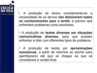A produção de textos considerando-se a necessidade de os alunos  não dominarem todos os conhecimentos para a tarefa ; é preciso que enfrentem problemas como escritores. A produção de  textos diversos em situações comunicativas diversas , para que possam enfrentar e lidar com diferentes tipos de problema. A produção de textos por  aproximações sucessivas , a partir de retornos ao escrito para aperfeiçoá-lo até que se chegue ao que se considerará a versão final.  