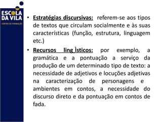Estratégias discursivas:   referem-se aos tipos de textos que circulam socialmente e às suas características (função, estrutura, linguagem etc.) Recursos lingüísticos:  por exemplo, a gramática e a pontuação a serviço da produção de um determinado tipo de texto: a necessidade de adjetivos e locuções adjetivas na caracterização de personagens e  ambientes em contos, a necessidade do discurso direto e da pontuação em contos de fada. 