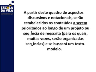 A partir deste quadro de aspectos discursivos e notacionais, serão estabelecidos os conteúdos  a serem priorizados  ao longo de um projeto ou seqüência de reescrita (para os quais, muitas vezes, serão organizadas seqüências) e se buscará um texto-modelo.  