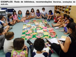 EXEMPLOS: Roda de biblioteca, recomendações  literárias, anotações de aula etc. 