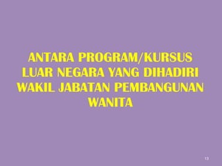 ANTARA PROGRAM/KURSUS LUAR NEGARA YANG DIHADIRI WAKIL JABATAN PEMBANGUNAN WANITA 