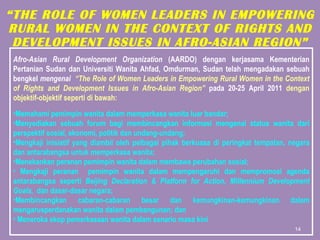 “ THE ROLE OF WOMEN LEADERS IN EMPOWERING RURAL WOMEN IN THE CONTEXT OF RIGHTS AND DEVELOPMENT ISSUES IN AFRO-ASIAN REGION” Afro-Asian Rural Development Organization  (AARDO) dengan kerjasama Kementerian Pertanian Sudan dan Universiti Wanita Ahfad, Omdurman, Sudan telah mengadakan sebuah bengkel  mengenai  “The Role of Women Leaders in Empowering Rural Women in the Context of Rights and Development Issues in Afro-Asian Region”  pada   20-25 April 2011  dengan objektif-objektif seperti di bawah: Memahami pemimpin wanita dalam memperkasa wanita luar bandar; Menyediakan sebuah forum bagi membincangkan informasi mengenai status wanita dari perspektif sosial, ekonomi, politik dan undang-undang;  Mengkaji inisiatif yang diambil oleh pelbagai pihak berkuasa di peringkat tempatan, negara dan antarabangsa untuk memperkasa wanita;  Menekankan peranan pemimpin wanita dalam membawa perubahan sosial; Mengkaji peranan  pemimpin wanita dalam mempengaruhi dan mempromosi agenda antarabangsa seperti  Beijing Declaration & Platform for Action, Millennium Development Goals,   dan dasar-dasar negara; Membincangkan cabaran-cabaran besar dan kemungkinan-kemungkinan dalam mengarusperdanakan wanita dalam pembangunan; dan Meneroka skop pemerkasaan wanita dalam senario masa kini 