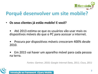 Porquê desenvolver um site mobile?
• Os seus clientes já estão mobile! E você?

  • Até 2013 estima-se que os usuários vão usar mais os
  dispositivos móveis do que o PC para acessar a internet.

  • Procura por dispositivos móveis cresceram 400% desde
  2010.

  • Em 2015 vai haver um aparelho móvel para cada pessoa
  na terra.
              Fontes: Gartner, 2010; Google Internal Data, 2011; Cisco, 2011


                                                                          2
 