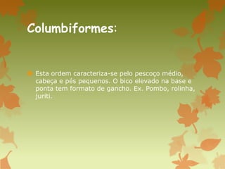 Columbiformes:
 Esta ordem caracteriza-se pelo pescoço médio,
cabeça e pés pequenos. O bico elevado na base e
ponta tem formato de gancho. Ex. Pombo, rolinha,
juriti.
 