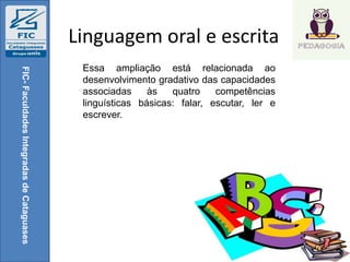 Linguagem oral e escrita
FIC-FaculdadesIntegradasdeCataguases
Essa ampliação está relacionada ao
desenvolvimento gradativo das capacidades
associadas às quatro competências
linguísticas básicas: falar, escutar, ler e
escrever.
 
