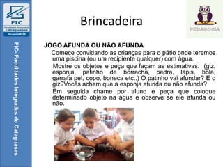 Brincadeira
JOGO AFUNDA OU NÃO AFUNDA
Comece convidando as crianças para o pátio onde teremos
uma piscina (ou um recipiente qualquer) com água.
Mostre os objetos e peça que façam as estimativas. (giz,
esponja, patinho de borracha, pedra, lápis, bola,
garrafa pet, copo, boneca etc..) O patinho vai afundar? E o
giz?Vocês acham que a esponja afunda ou não afunda?
Em seguida chame por aluno e peça que coloque
determinado objeto na água e observe se ele afunda ou
não.
FIC-FaculdadesIntegradasdeCataguases
 