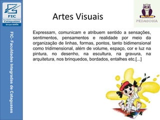 Artes Visuais
FIC-FaculdadesIntegradasdeCataguases
Expressam, comunicam e atribuem sentido a sensações,
sentimentos, pensamentos e realidade por meio da
organização de linhas, formas, pontos, tanto bidimensional
como tridimensional, além de volume, espaço, cor e luz na
pintura, no desenho, na escultura, na gravura, na
arquitetura, nos brinquedos, bordados, entalhes etc.[...]
 